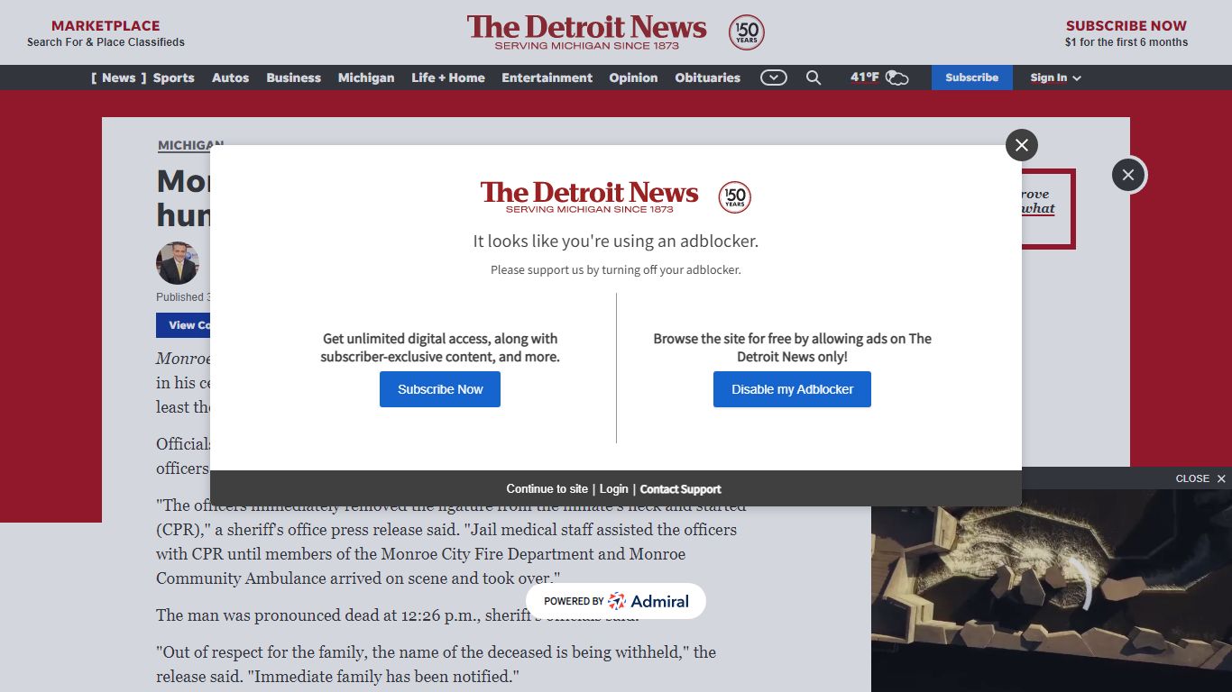 Monroe County sheriff: Jail inmate hung himself in cell - The Detroit News