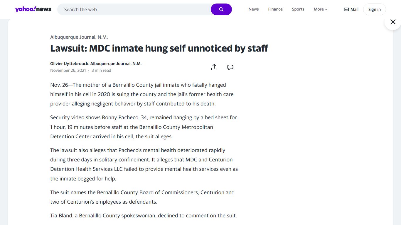 Lawsuit: MDC inmate hung self unnoticed by staff - Yahoo News